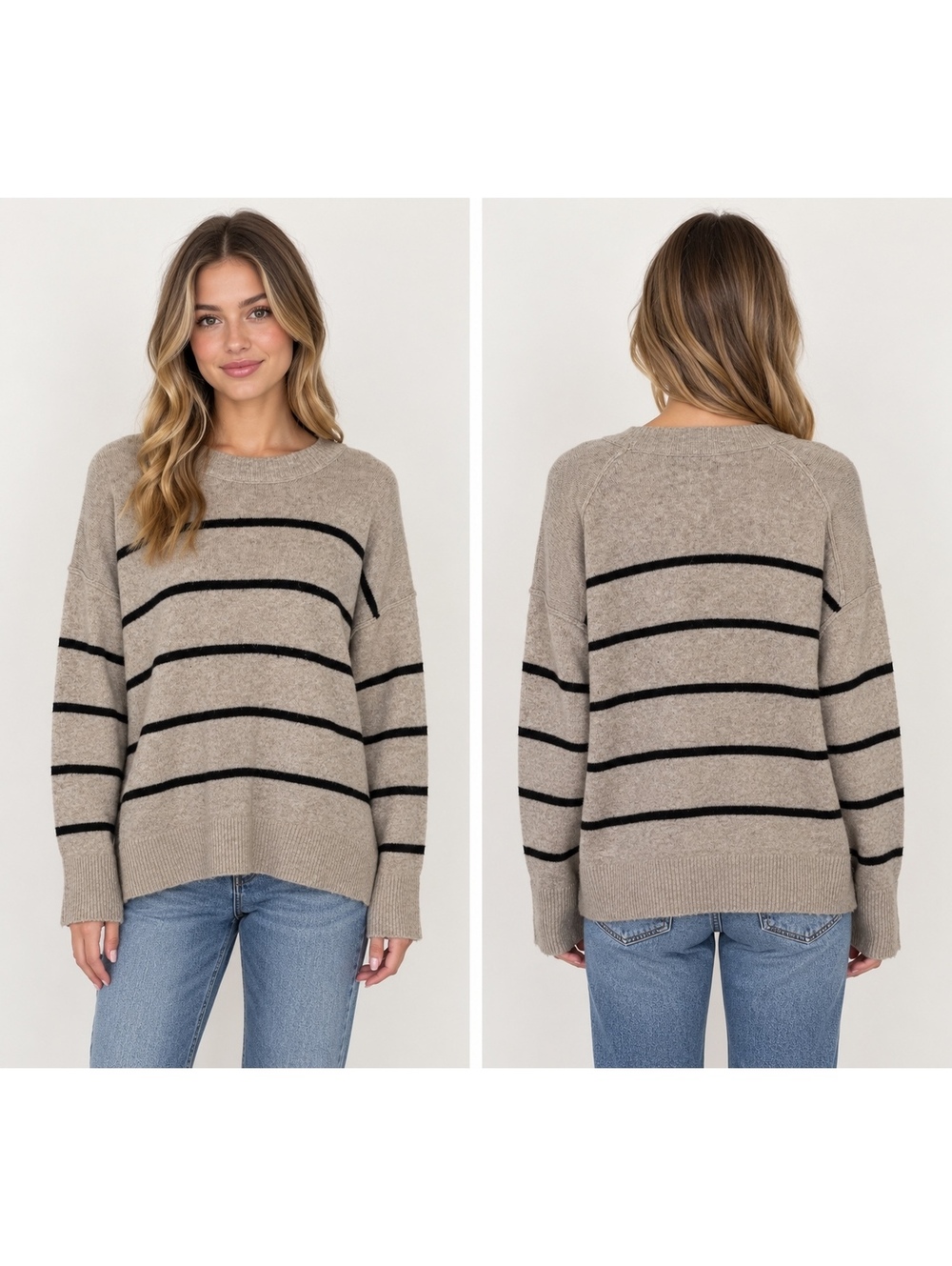 Aerie unREAL Womans M Ultra Soft Beige and Black Striped Pullover Sweater Medium